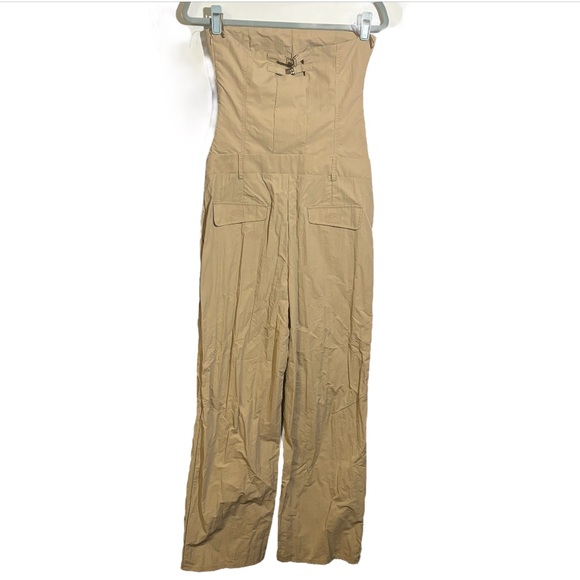 Zara Strapless Bustier Wide Leg Utility Tan Jumpsuit Women’s Size Small - Picture 9 of 16